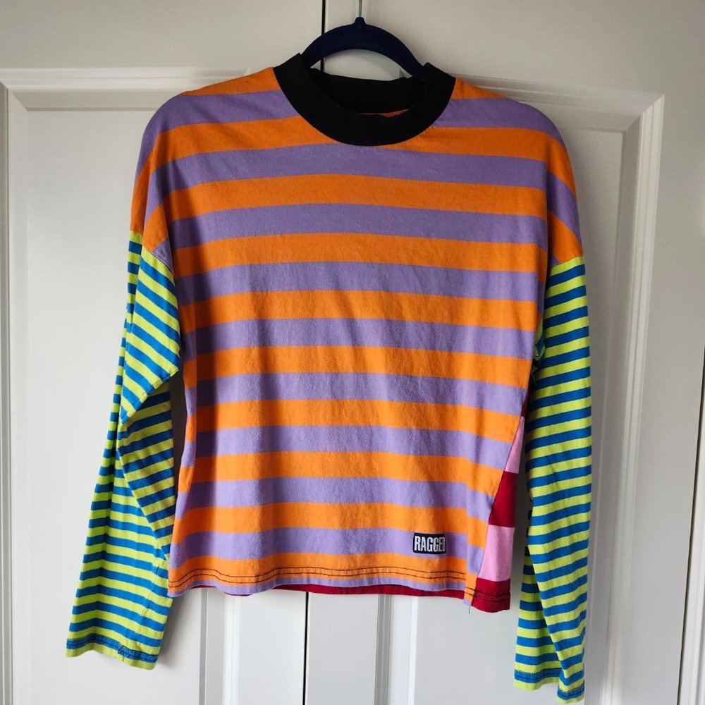 The Ragged Priest Multi-Stripe Long Sleeve Tee in Orange, Lavender, Lime & Blue